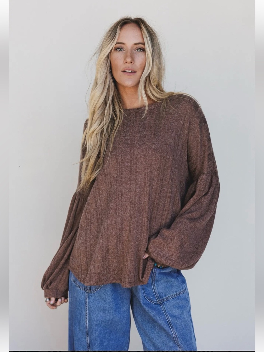 Three Bird Nest “Sweet Heart” Cozy Ribbed Balloon Sleeve Knit Sweater• X-Large